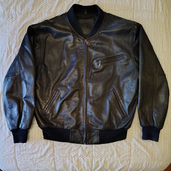 Vintage 90s Mixed Blues Genuine Leather Bomber Jacket Size Medium Fits M/L - Picture 1 of 5